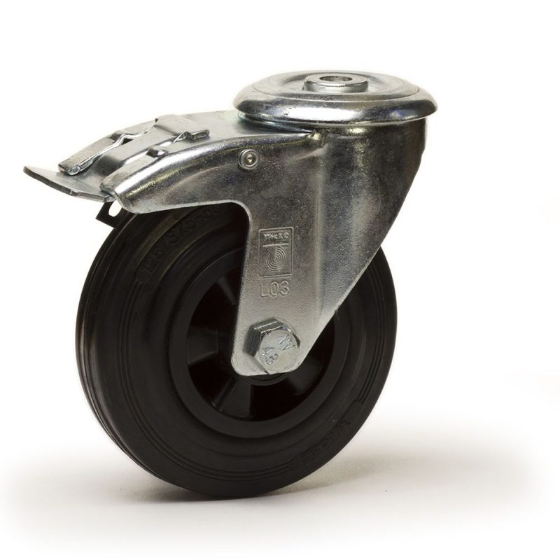 Roulette à oeil pivotante à frein diamètre 80 mm roue caoutchouc noir - 50 Kg