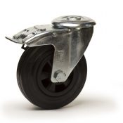 Roulette pivotante à frein, diamètre 125 fixation à trou central ( oeil ) ,caoutchouc noir, charge 100 Kg