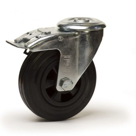 Roulette pivotante à frein, diamètre 160 fixation à trou central ( oeil ) ,caoutchouc noir, charge 135 Kg