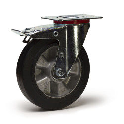 Roulette pivotante à frein diamètre 125 mm  caoutchouc EASYROLL® NOIR roulement à billes - 200 Kg GRANDE PLATINE
