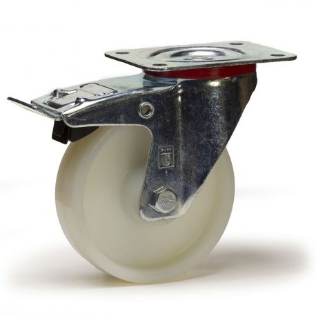 Roulette pivotante à frein, diamètre 80 fixation à platine, polyamide, charge 100 Kg