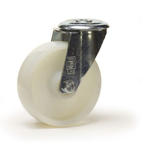Roulette pivotante, diamètre 100 fixation à trou central ( oeil ), polyamide, charge 150 Kg