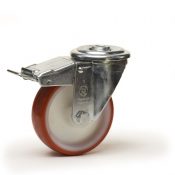 Roulette pivotante à frein, roue diamètre 800 fixation à troue central, polyuréthane ROUGE , charge 120 Kg