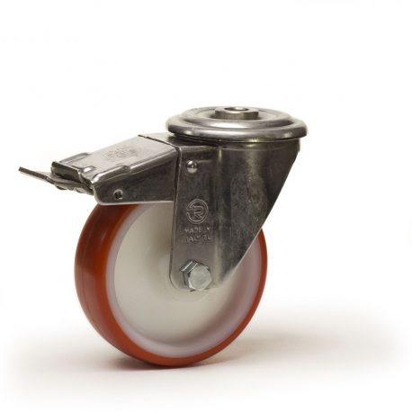 Roulette pivotante à frein, roue diamètre 100 fixation à troue central, polyuréthane ROUGE , charge 200 Kg