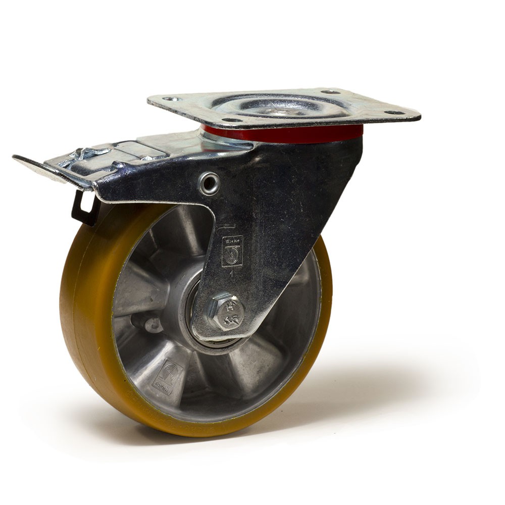 Roulette pivotante avec double frein - en caoutchouc plein - à roulement à  rouleaux - Ø de la roue 200 mm - hauteur totale 235 mm - capacité de charge  205 kg