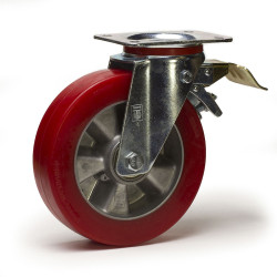 Roulette pivotante à frein, diamètre 200 fixation à platine ,polyuréthane ROUGE, charge 400 Kg