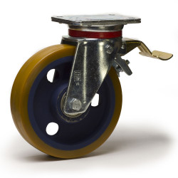Roulette pivotante à frein, roue diamètre 100 fixation à platine ,polyuréthane , charge 350 Kg