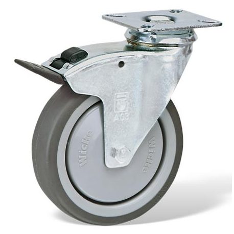 Roulette pivotante à frein diamètre 125 mm caoutchouc gris roulements à billes - 100 Kg