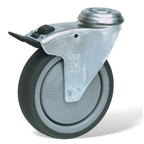 Roulette à oeil 10 mm pivotante à frein diamètre 100 mm caoutchouc gris roulements à billes - 100 Kg