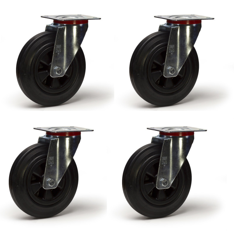 Lot de quatre roulettes pivotantes caoutchouc noir 160 mm - 405Kg Lot de quatre roulettes pivotantes caoutchouc noir 160 mm - 405Kg