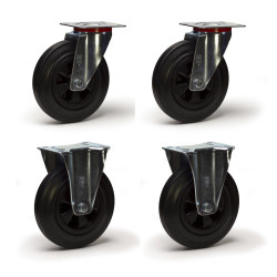 Lot de 4 roulettes pivotantes et fixes caoutchouc noir 100 mm - 210Kg
