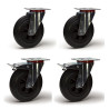Lot de quatre roulettes pivotantes et pivotantes avec frein caoutchouc noir 200mm - 615Kg