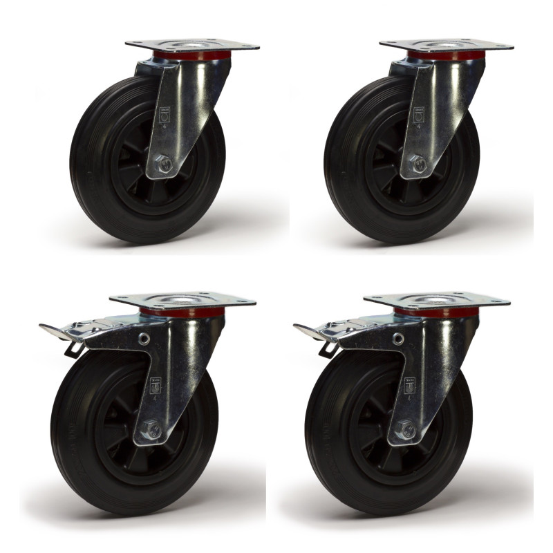 Lot de quatre roulettes pivotantes et pivotantes avec frein caoutchouc noir 125 mm - 300Kg Lot de quatre roulettes pivotantes et pivotantes avec frein caoutchouc noir 125 mm - 300Kg