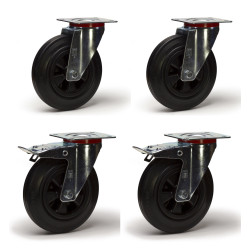 Lot de 4 roulettes pivotantes et pivotantes à frein caoutchouc noir 100 mm - 210 Kg