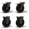 Lot de quatre roulettes pivotantes à frein et fixes caoutchouc noir 125 mm – 300kg