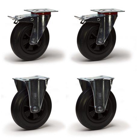 Lot de quatre roulettes pivotantes à frein et fixes caoutchouc noir 100 mm – 210kg
