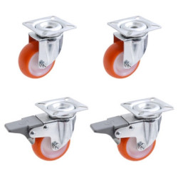 Lot roulettes pivotantes et pivotantes a frein polyuréthane injecté rouge  40 mm - 120 Kg