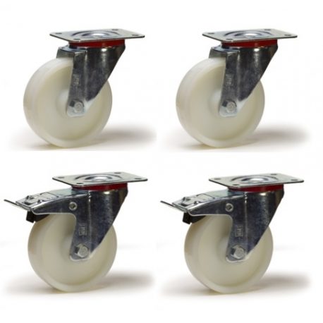 Lot roulettes pivotantes et pivotantes à frein polyamide blanc 150 mm - 1050 Kg