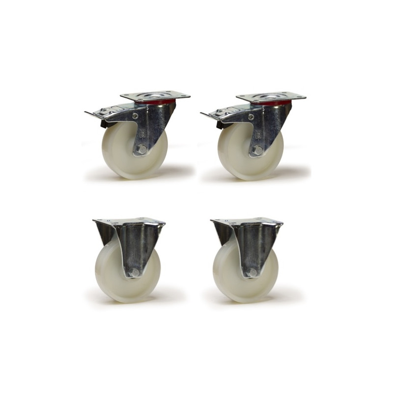 Lot roulettes pivotantes à frein et fixes polyamide blanc 200 mm - 1050 Kg Lot roulettes pivotantes à frein et fixes polyamide blanc 200 mm - 1050 Kg