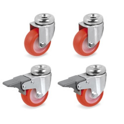 Lot roulettes à oeil pivotantes et pivotantes à frein polyuréthane injecté rouge  40 mm - 120 Kg