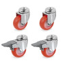 Lot roulettes à oeil pivotantes et pivotantes à frein polyuréthane injecté rouge  40 mm - 120 Kg