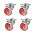 Lot de 4 roulettes JUMELÉE pivotantes polyuréthane ROUGE 50 mm - 420 Kg