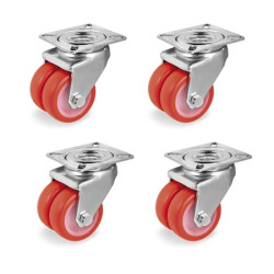 Lot roulettes pivotantes jumelées polyuréthane injecté rouge  50 mm - 420 Kg