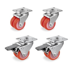 Lot roulettes pivotantes et pivotantes à frein jumelées polyuréthane injecté rouge  50 mm - 420 Kg