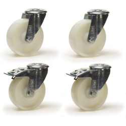 Lot roulettes à oeil pivotantes et pivotantes à frein polyamide blanc  100 mm - 450Kg