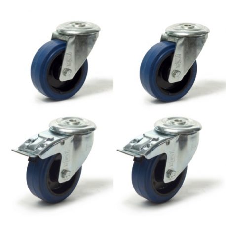 Lot roulettes à oeil pivotantes et pivotantes à frein caoutchouc élastique bleu 100 mm - 420 Kg