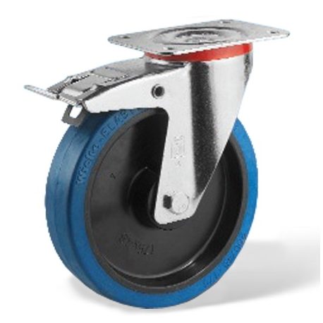 Roulette caoutchouc bleu élastique pivotante à frein diamètre 125 mm fixation à platine