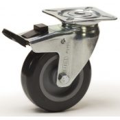 Roulette pivotante à frein diamètre 75 fixation platine ,caoutchouc gris , charge 60 Kg