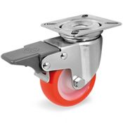 Roulette polyuréthane rouge pivotante frein diamètre 50mm fixation à platine
