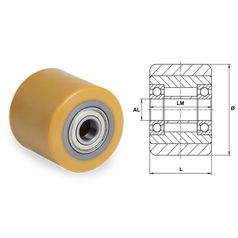 Galet Roue Polyuréthane 85x95mm, Alésage 25mm, Pour Transpalette/gerbeur - Charge 750kg, Dureté Shore 95