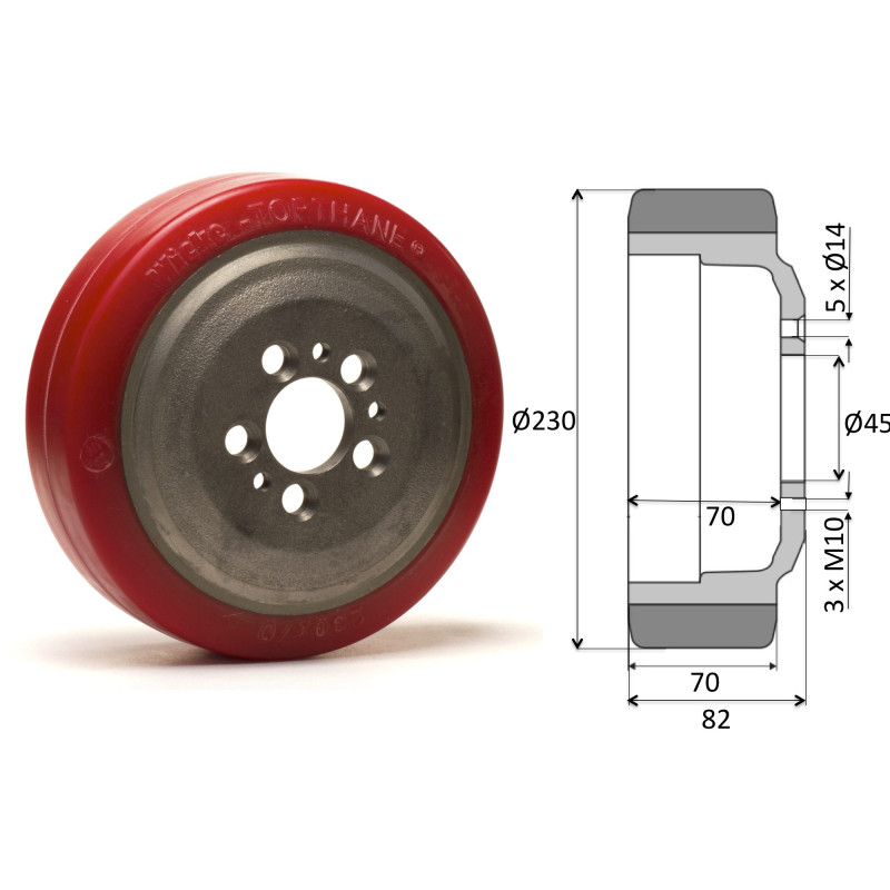 Roue motrice 230 x 82 - 5 trous ( Jungheinrich 63210590 75 shore A Rouge ) Roue motrice 230 x 82 - 5 trous ( Jungheinrich 63210590 75 shore A Rouge )