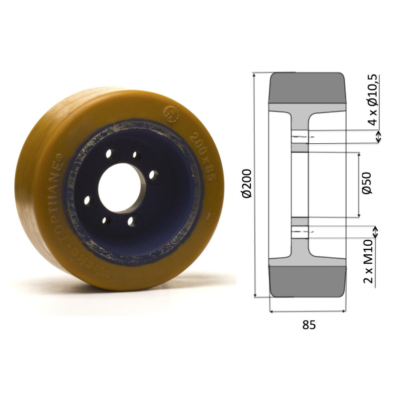 Roue motrice Jungheinrich polyuréthane 200 x 85 - 4 trous pour transpalette et gerbeur