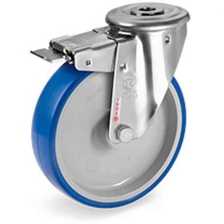 Roulette à oeil INOX pivotante à frein diamètre 80 mm roue polyuréthane BLEU-SOFT® - 75 Kg