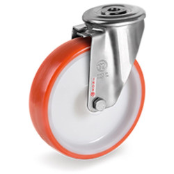Roulette à oeil INOX pivotante diamètre 100 mm roue polyuréthane rouge  - 170 Kg