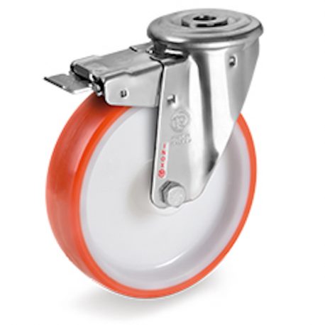 Roulette à oeil INOX pivotante à frein diamètre 100 mm roue polyuréthane rouge - 170 Kg