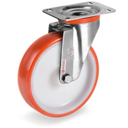 Roulette INOX pivotante diamètre 80 mm roue polyuréthane rouge - 120 Kg