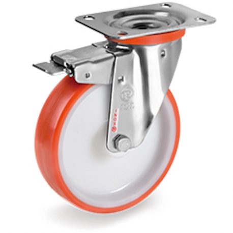 Roulette INOX pivotante à frein diamètre 150 mm roue polyuréthane rouge - 300 Kg