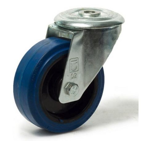 Roulette pivotante diamètre 100 fixation à trou central, caoutchouc bleu à rouleaux, charge 180 Kg