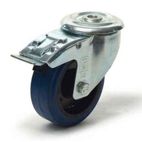 Roulette pivotante à frein diamètre 100 fixation à trou central, caoutchouc bleu à rouleaux, charge 180 Kg