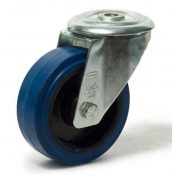 Roulette pivotante diamètre 125 fixation à trou central, caoutchouc bleu à rouleaux, charge 250 Kg