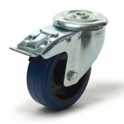 Roulette pivotante à frein diamètre 125 fixation à trou central, caoutchouc bleu à rouleaux, charge 250 Kg