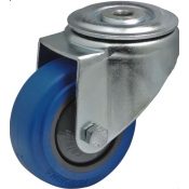 Roulette pivotante diamètre 80 fixation à trou central, caoutchouc bleu à billes , Charge 100 Kg