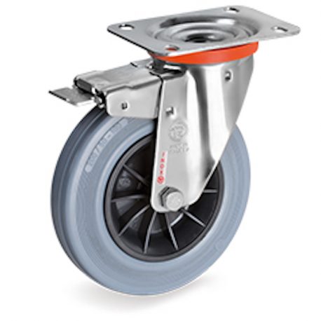 Roulette INOX pivotante à frein diamètre 200 mm roue caoutchouc gris - 205 Kg