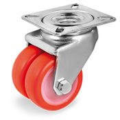 Roulette jumelée pivotante diamètre 50 mm polyuréthane rouge - 140 Kg