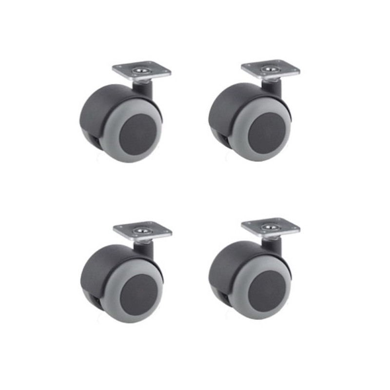 Lot de 4 roulettes pivotantes jumelées caoutchouc gris 50 mm - 120 Kg