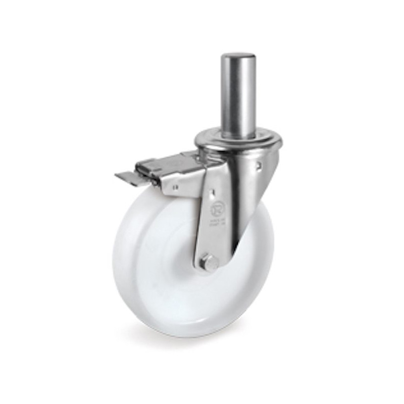 Roulette pivotante à frein diamètre 100 mm polyamide blanc tige lisse 22 x 47 mm